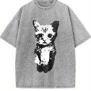Cat Y2k Gothic Grunge Y2k Emo Scene Amity Affliction Vintage Washed T-Shirt in Gray