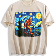 Retro Bigfoot on Starry Night 90s Vintage Washed T-Shirt in Beige