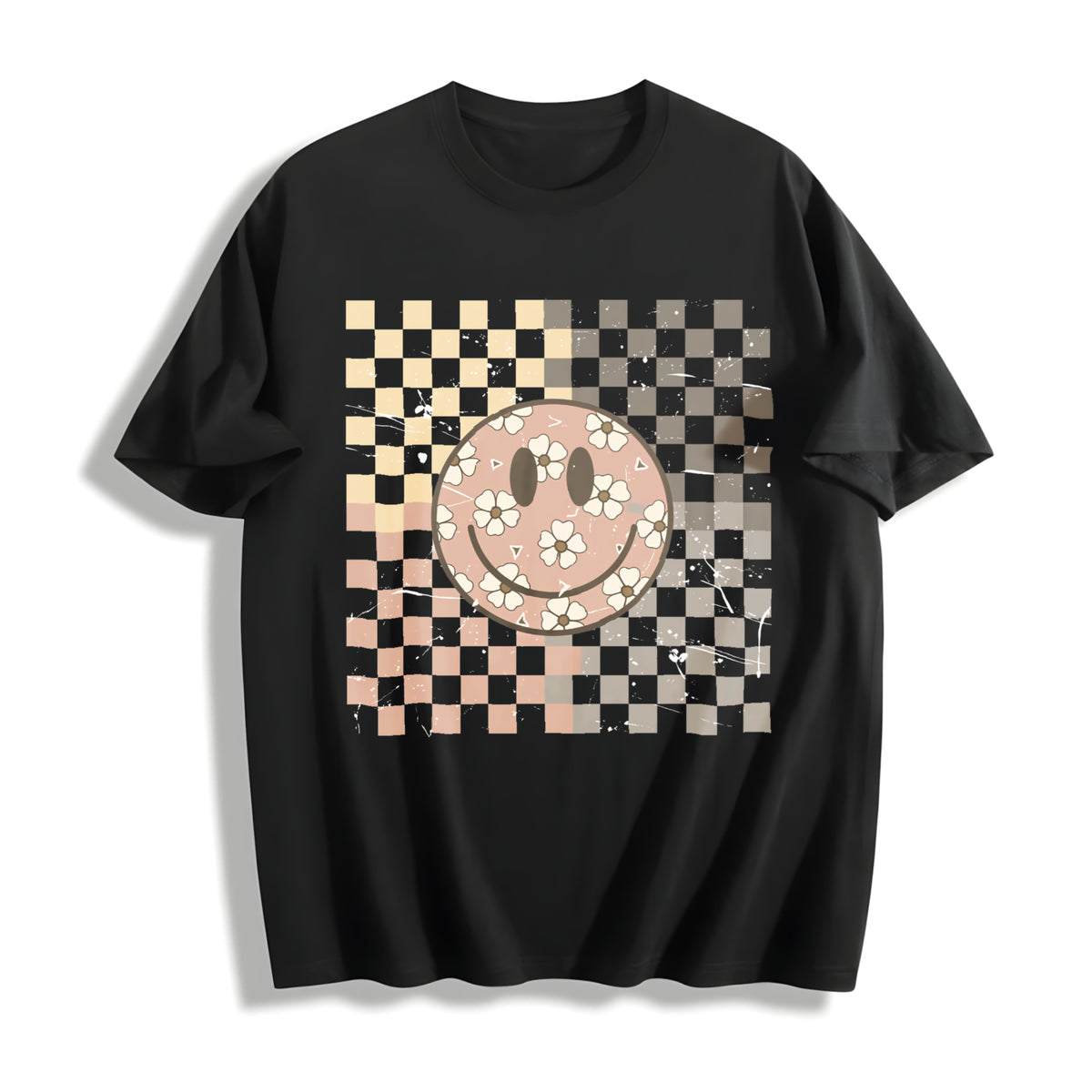 Smiling Flower Checkered Retro Cotton T-Shirt in Black