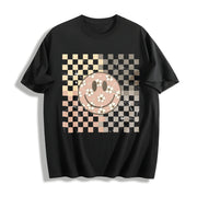 Smiling Flower Checkered Retro Cotton T-Shirt in Black