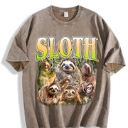 Sloth Retro Animal Lover Vintage Washed T-Shirt in Brown