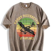 Easily Distracted by Airplanes Vintage Washed T-Shirt in Brown