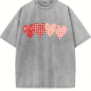 Red Check Floral Love Vintage Washed T-Shirt in Gray