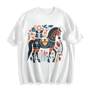 Bohemian Horse & Floral Cotton T-Shirt in White