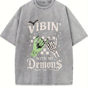 Halloween Vibin with My Demons Vintage Washed T-Shirt in Gray