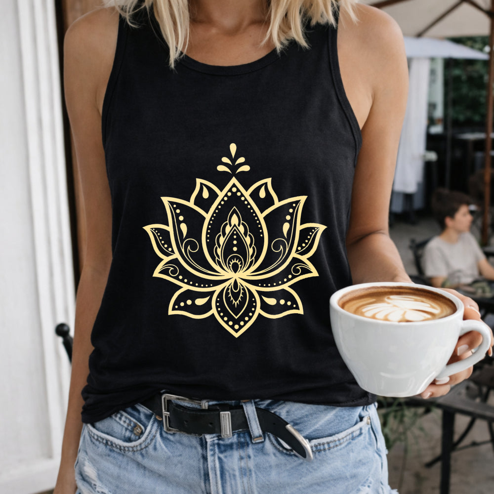 Golden Lotus Mandala Crew-neck Sleeveless Vest Outdoor Women's Color Cotton Tank Top in Black
