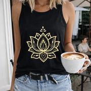 Golden Lotus Mandala Crew-neck Sleeveless Vest Outdoor Women's Color Cotton Tank Top in Black