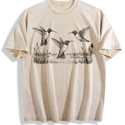 Hummingbird 90s Retro Botanical Bird Wildlife Vintage Washed T-Shirt in Beige
