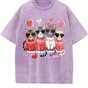 Valentine's Day: Winter a Cat with Heart-shaped Glasses Vintage Washed T-Shirt in Purple