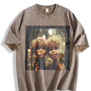 Two Glam Dolls Portrait Vintage Washed T-Shirt in Brown