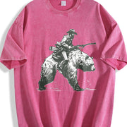 Retro Lumberjack Cowboy Riding a Bear 90s Vintage Washed T-Shirt in Red