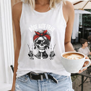 Sleeveless Racer Vest with Glasses-wearing Skeleton Women's Color Cotton Tank Top in White