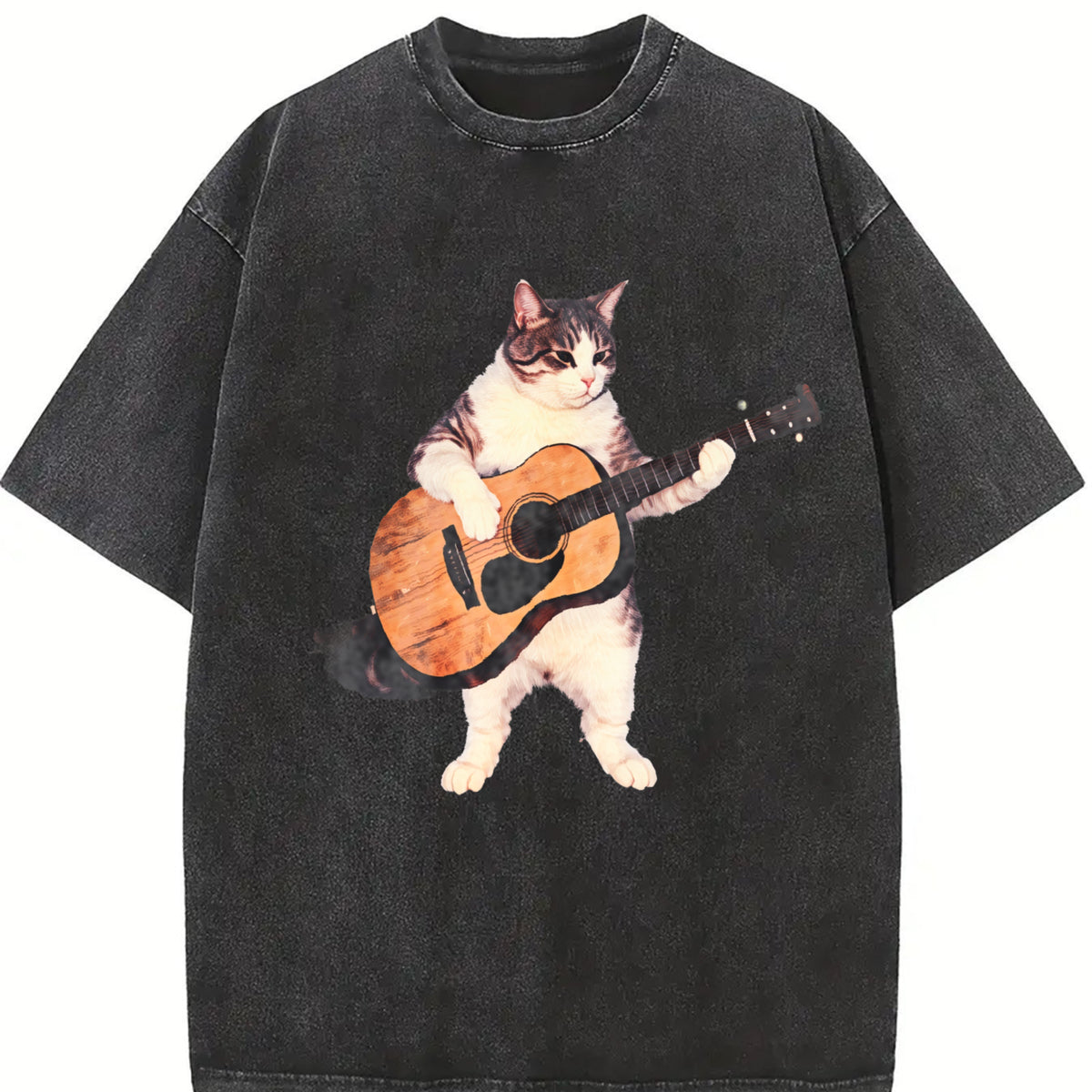 Guitar Cat Retro Music Cats Vintage Washed T-Shirt in Black