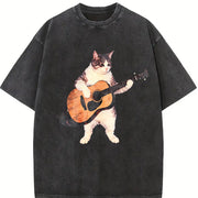 Guitar Cat Retro Music Cats Vintage Washed T-Shirt in Black
