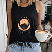 Moon Lotus and Stars Crew-neck Sleeveless Vest Outdoor Women's Color Cotton Tank Top in Black