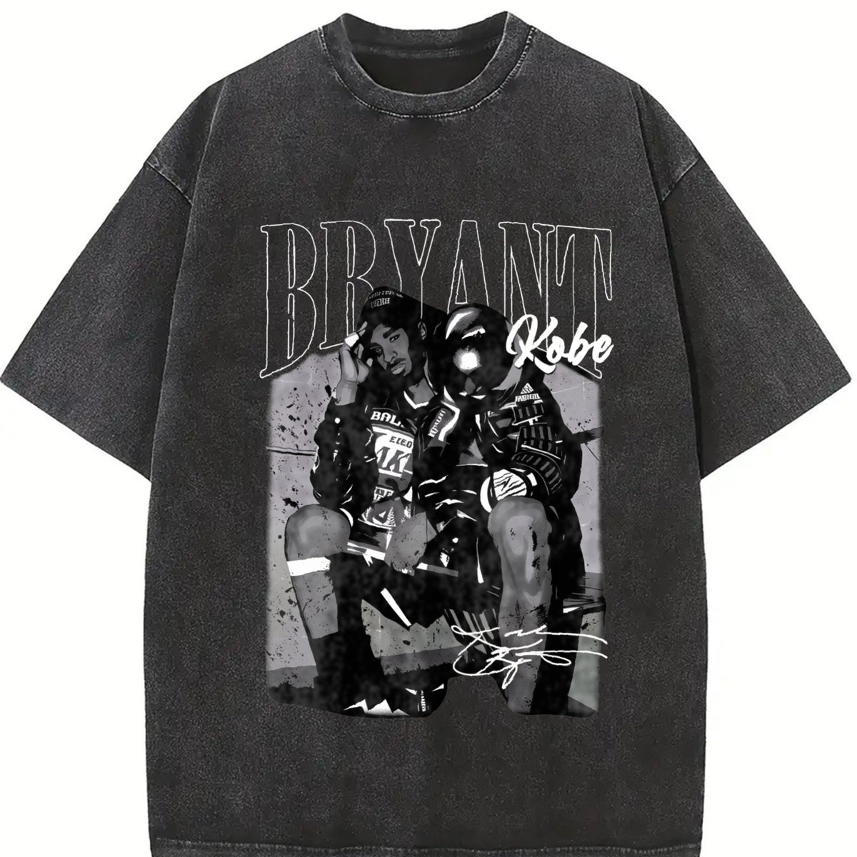 Basketball: Character Letter Short Sleeved Vintage Washed T-Shirt in Black