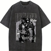 Basketball: Character Letter Short Sleeved Vintage Washed T-Shirt in Black