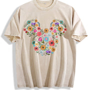 Floral Mouse Head Whimsical Ears Vintage Washed T-Shirt in Beige