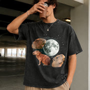 Capybara Moon Retro Meme Moon Vintage Washed T-Shirt in Black