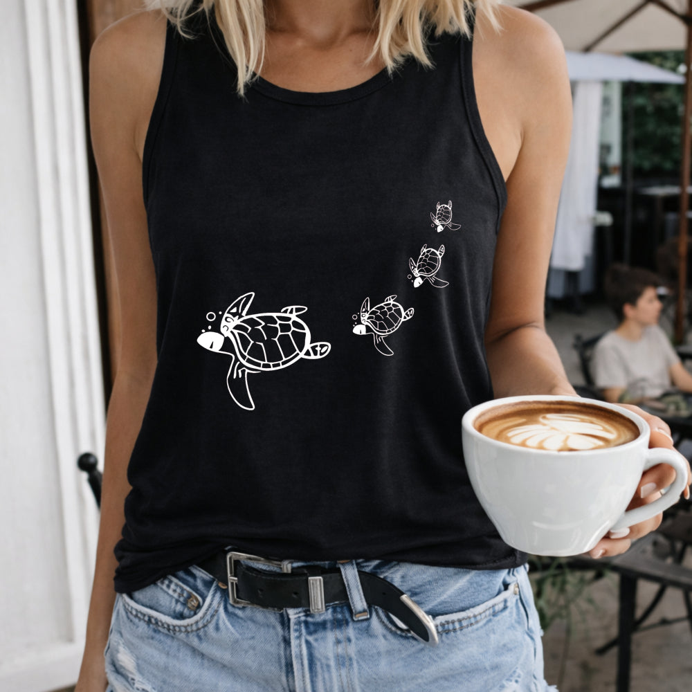 Sea Turtle Family Women's Color Cotton Tank Top in Black