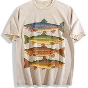 Trout Fish Retro Fish Vintage Washed T-Shirt in Beige