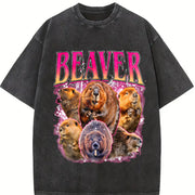 Beaver Retro Wildlife Animal Vintage Washed T-Shirt in Black