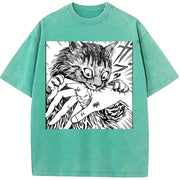 Cat Bite Japanese Horror Anime Vintage Washed T-Shirt in Blue