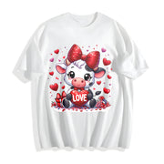 Valentine's Day Winter Cow Wearing Diamond Bow LOVE Cotton T-Shirt in White