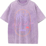 Retro Surf Tropical Beach Sunset Palm Tree and Surf Vintage Washed T-Shirt in Purple