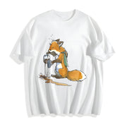 Ladies' Autumn Fuzzy Fox Mistakenly Spills Water Cartoon Cotton T-Shirt in White