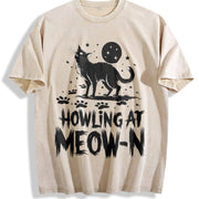 Cat Howling at Meow-n Vintage Washed T-Shirt in Beige