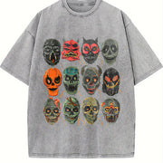 Halloween Scary Masks 90s Vintage Washed T-Shirt in Gray