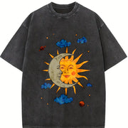 Retro Sun Moon Celestial Vintage Washed T-Shirt in Black