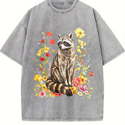 Cute Raccoon Floral Vintage Washed T-Shirt in Gray