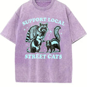 Retro Raccoon Support Local Street Cats 90's Vintage Washed T-Shirt in Purple