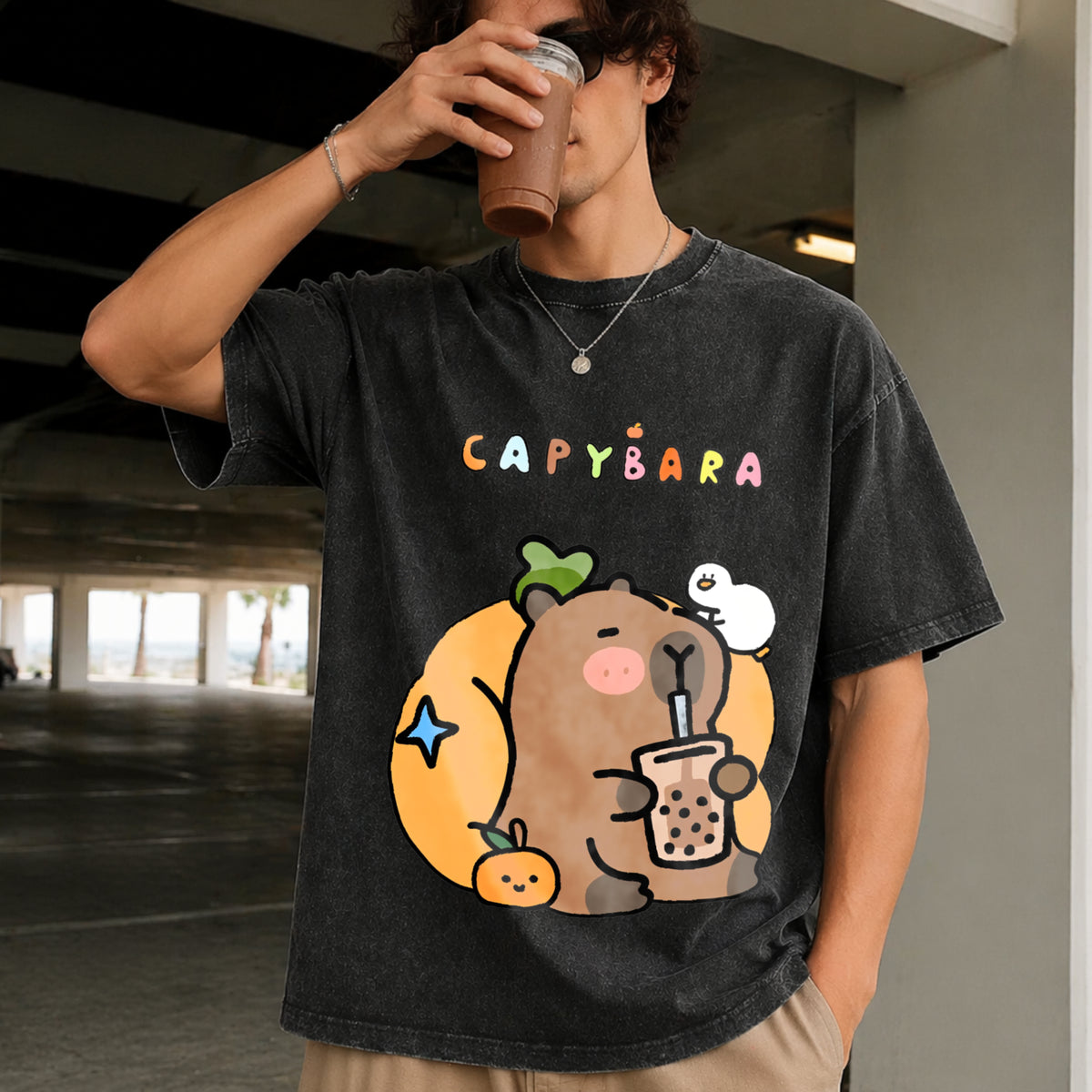 Capybara Bubble Tea Vintage Washed T-Shirt in Black