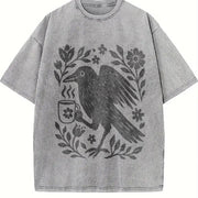Boho Crow Bird Coffee Lover Vintage Washed T-Shirt in Gray
