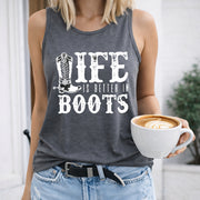 Life Is Better in Boots Crew-neck Sleeveless Vest Outdoor Women's Color Cotton Tank Top in Gray