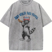 USA Red White Feral Racoon Hot dog Party America vintage washed oversized T-shirt in Gray