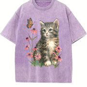 Kitten Cute Cat & Butterfly Floral Vintage Washed T-Shirt in Purple