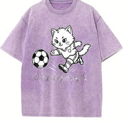 Soccer Cat Vintage Washed T-Shirt in Purple