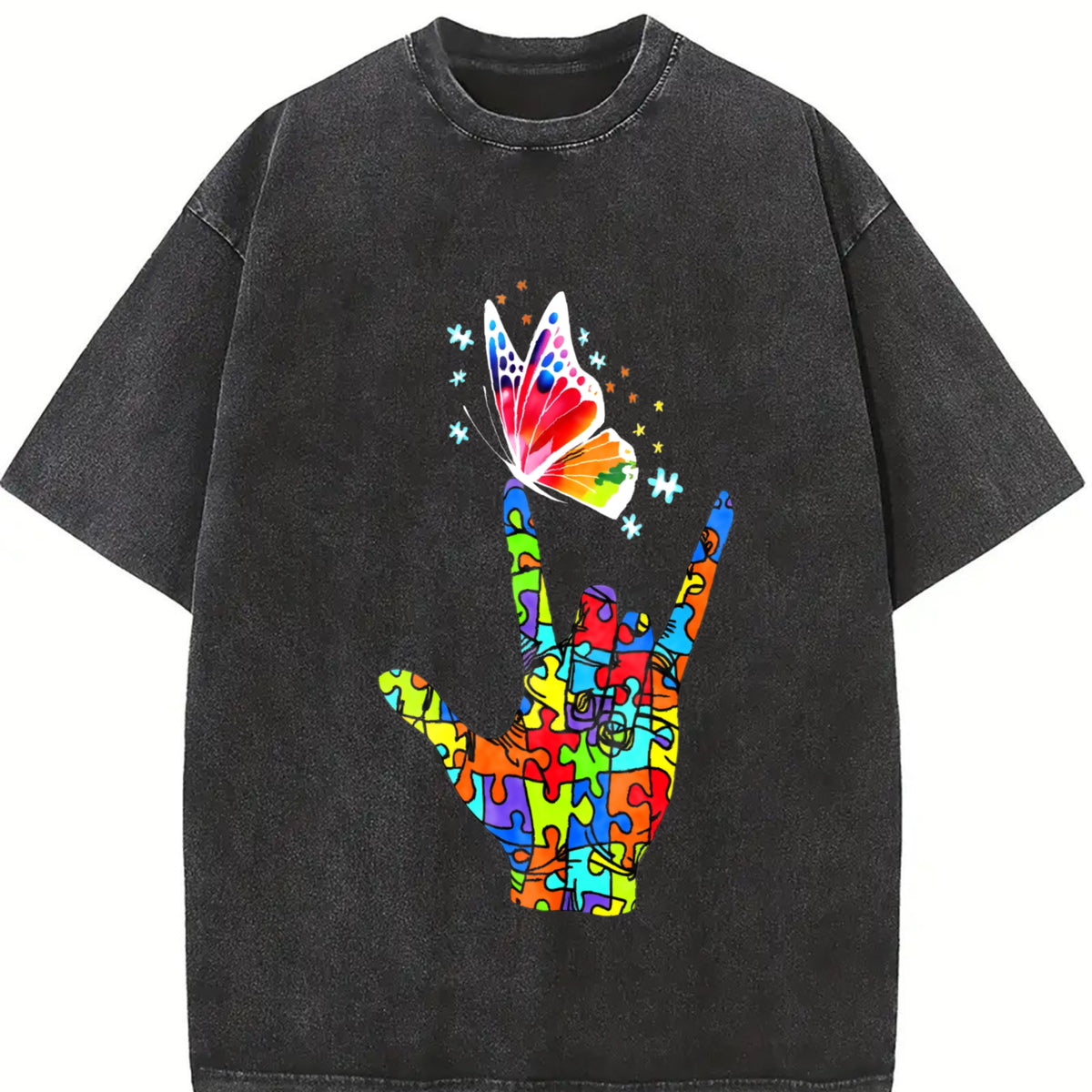 Autism Hand and Butterfly Vintage Washed T-Shirt in Black