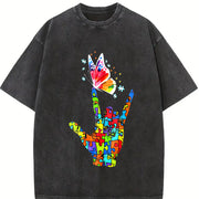 Autism Hand and Butterfly Vintage Washed T-Shirt in Black