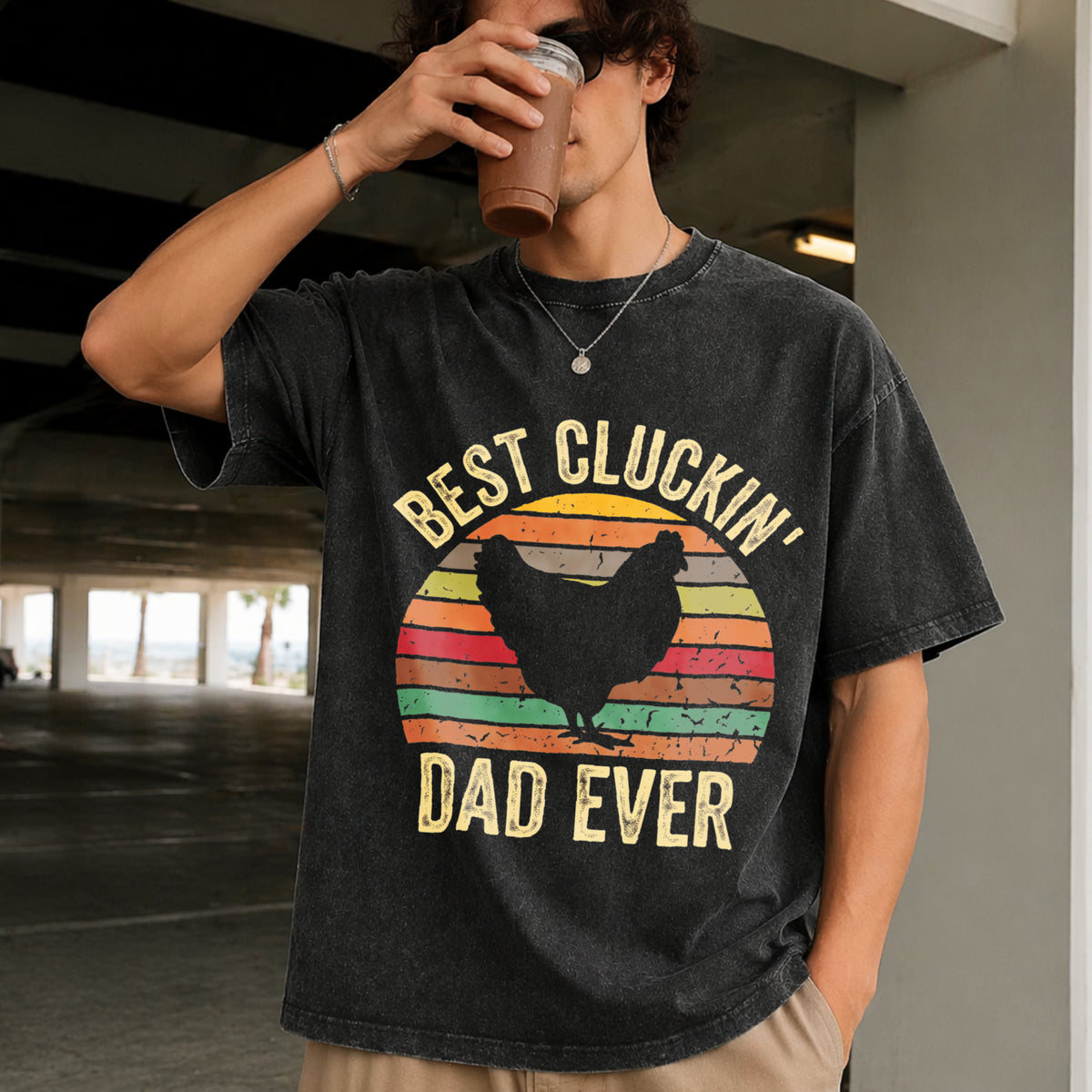 Best Cluckin Dad Ever Vintage Washed T-Shirt in Black