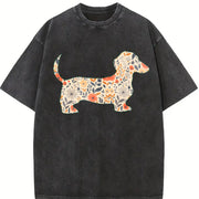 Floral Dachshund Wiener Dog Vintage Washed T-Shirt in Black