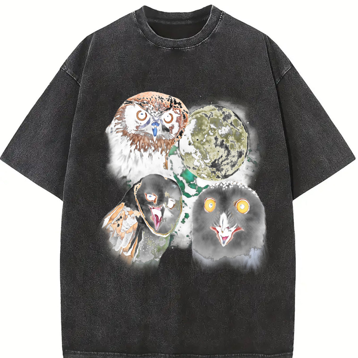 Three Owls Retro Silly Owl Moon Vintage Washed T-Shirt in Black