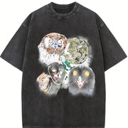 Three Owls Retro Silly Owl Moon Vintage Washed T-Shirt in Black