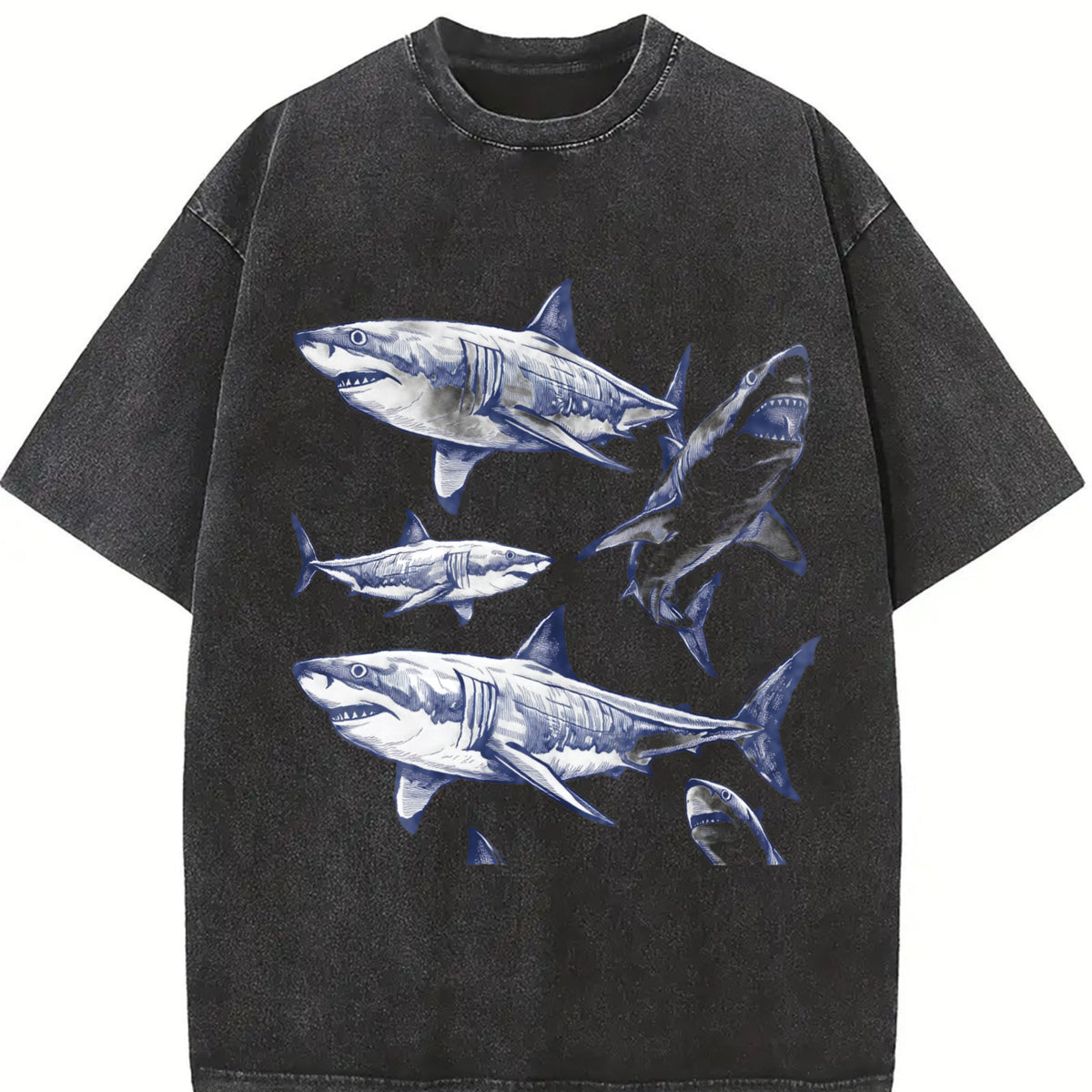 Shark 90s Tattoo Retro ® Y2k White Shark Ocean Vintage Washed T-Shirt in Black