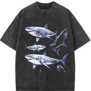 Shark 90s Tattoo Retro ® Y2k White Shark Ocean Vintage Washed T-Shirt in Black