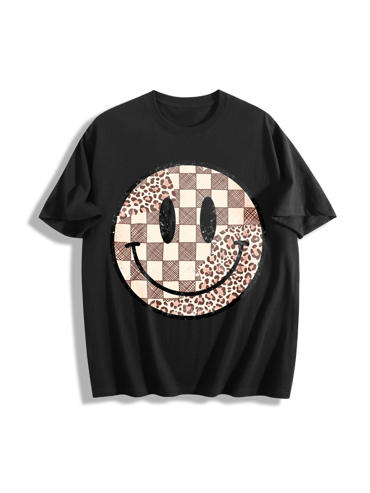 Retro Smiley Face Leopard Cotton T-Shirt in Black